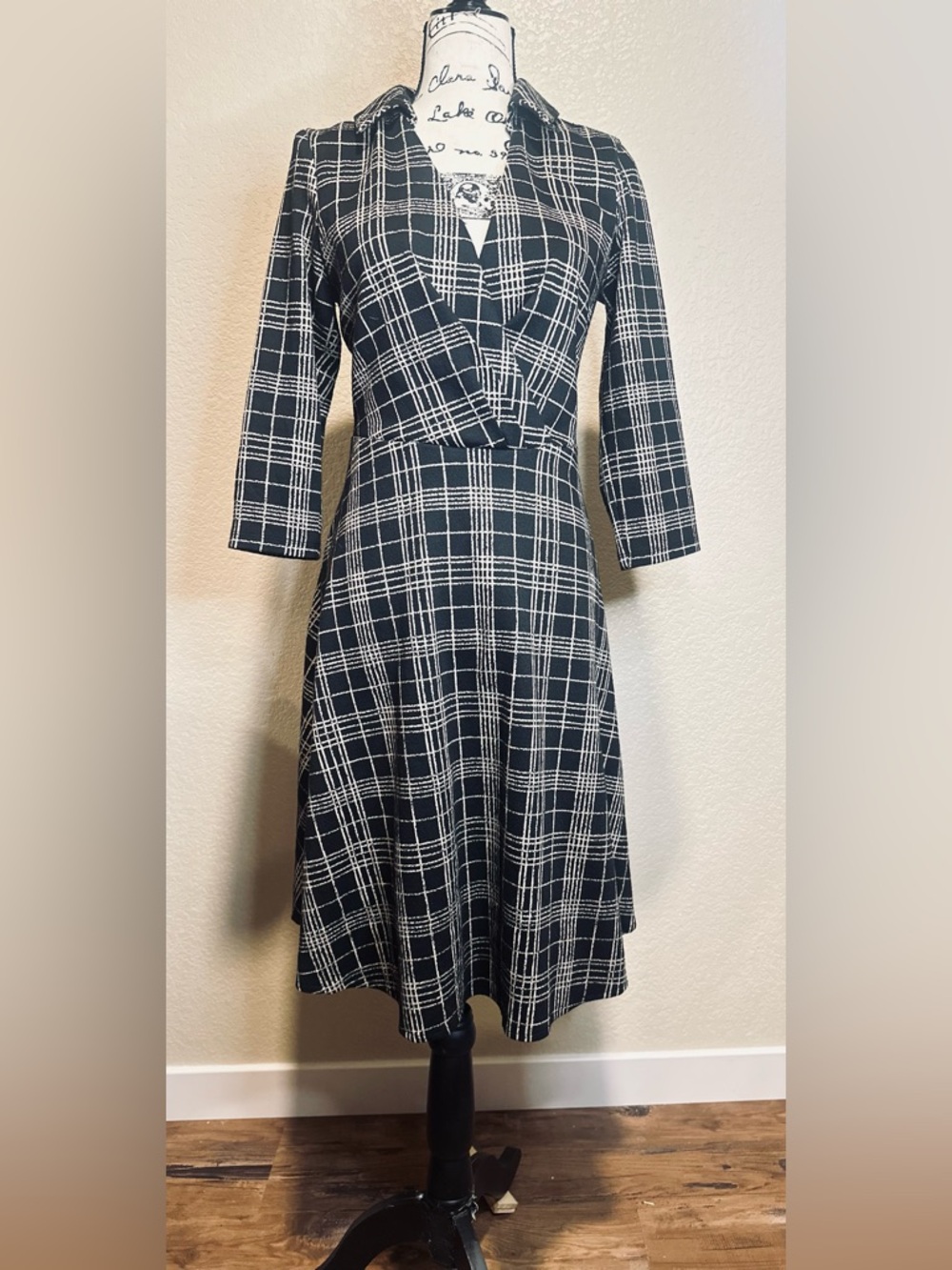 London Times Academia Twist Front Collared Black and White A Line Plaid Dress- 8